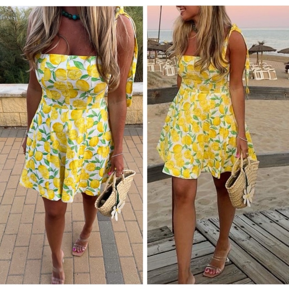 Zara Yellow and White Lemon Print Tie-Shoulder Sundress